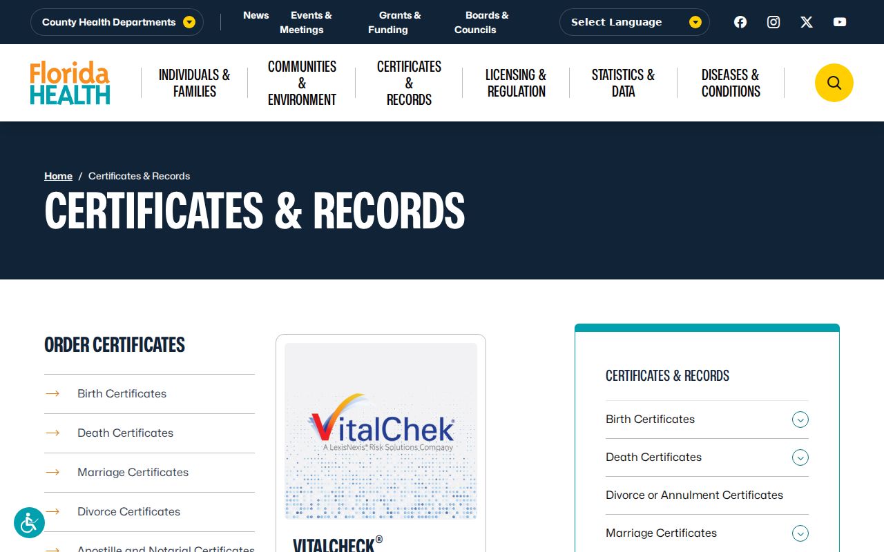 Florida Department of Health certificates and vital records portal