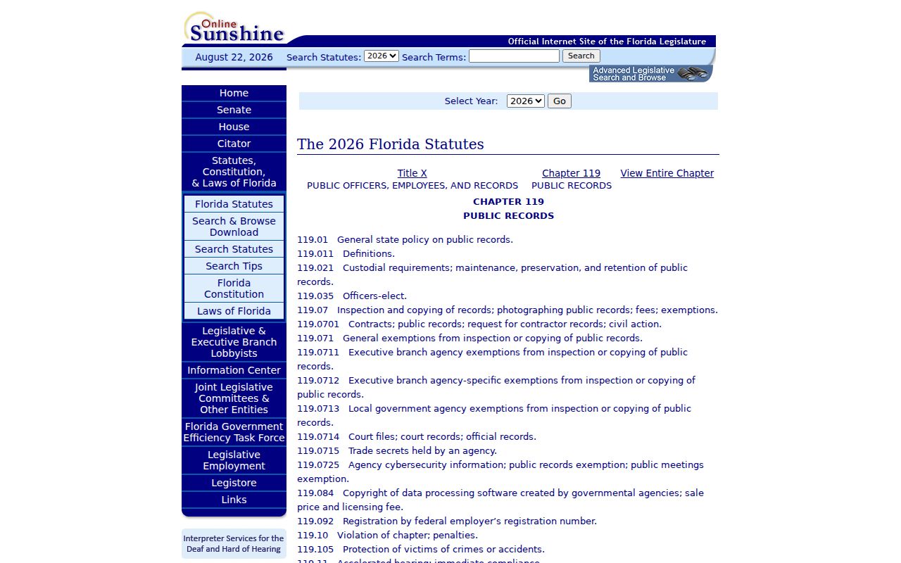 Florida Legislature chapter 119 public records law page