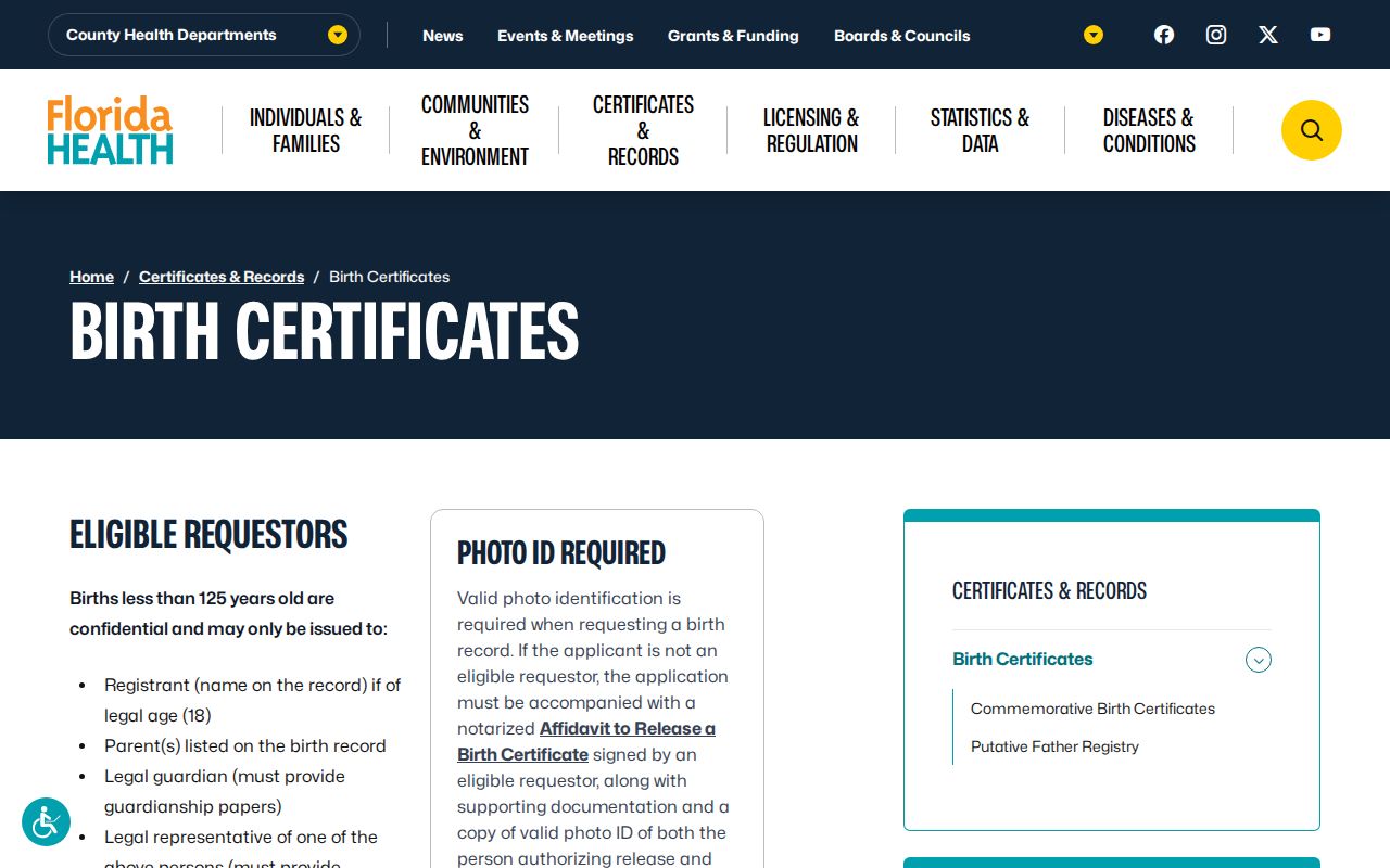 Florida birth certificate access rules relevant to neighbor privacy
