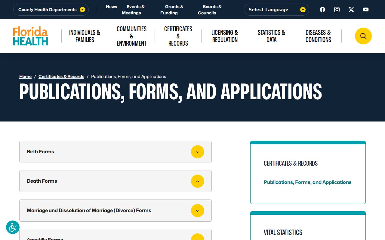 Florida vital records forms and applications page