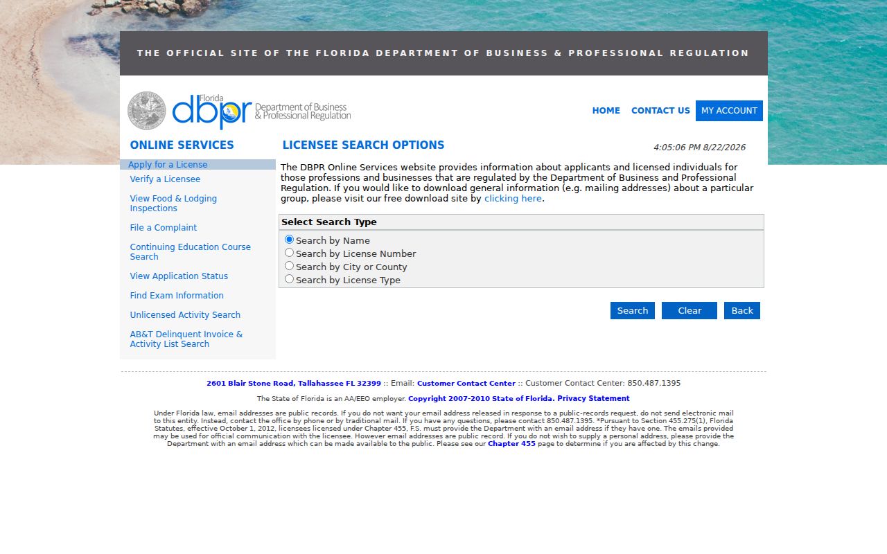 Florida DBPR license lookup for West Palm Beach